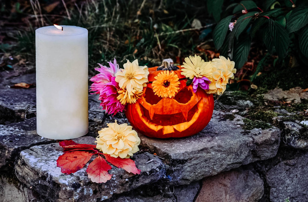 citrouille d'Halloween creusée avec des yeux et une bouche, décorée avec des fleurs de toutes les couleurs