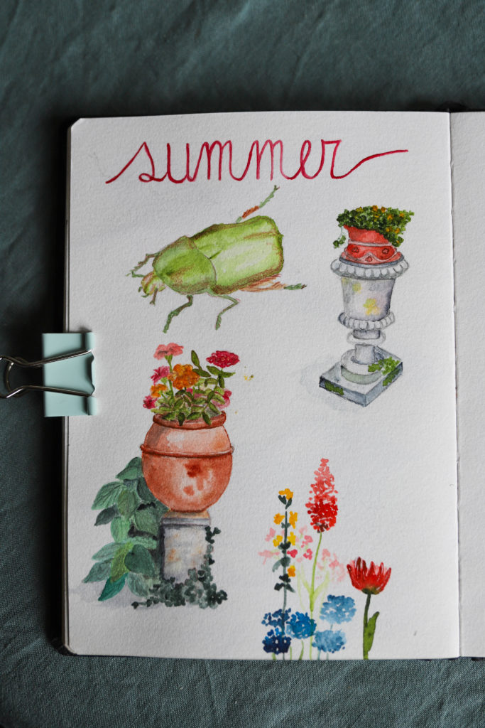 carnet de jardin illustré avec des pots de fleurs dessinés à l'aquarelle