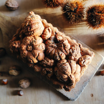gâteau aux châtaignes qui a été réalisé dans un moule en métal avec une forme de fruits d'automne : pommes de pin, citrouilles. Le gâteau est doré. Il est posé sur une table en bois entouré de noix et de coques de châtaignes